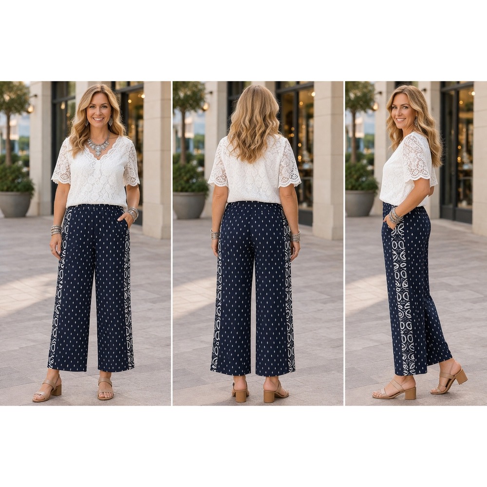 Cabi Track Star Navy Geometric Bandana Paisley Print Wide Leg Classic Trousers 4
